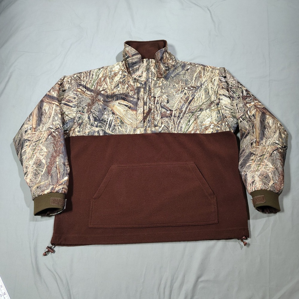 Drake Waterfowl Pullover Mens L Brown Mossy Oak Duck Blind Camo Fleece 1/4 Zip